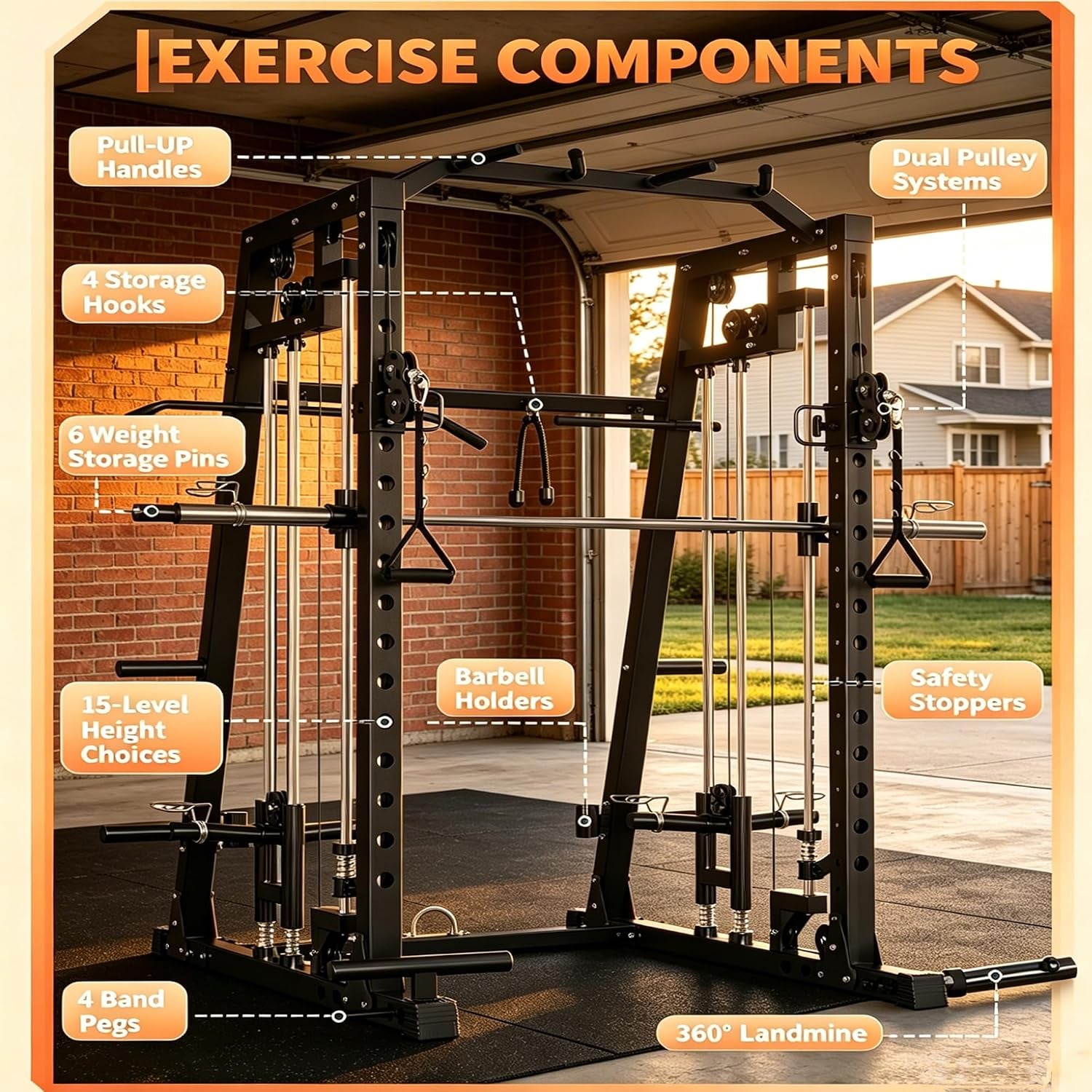 Smith Machine Home Gym, 2200LB Power Cage with Dual Pulley Cable Systems, LAT Pull-Down, Leg Hold-Down & 20+ Attachments for Full Body Workouts