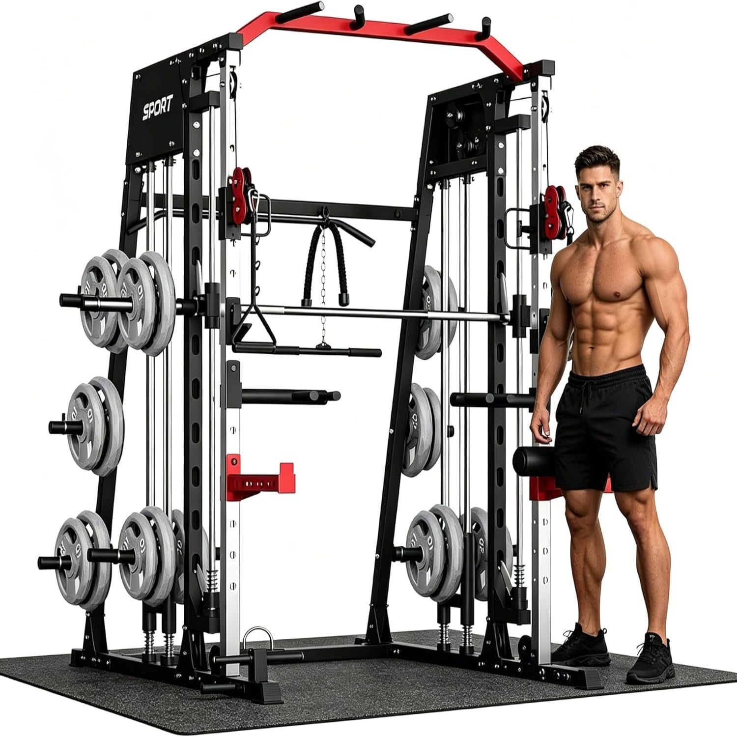 Smith Machine Home Gym All-In-1, 2200LBS Power Cage with Dual Cable Pulley Systems, LAT Pull-Down & Leg Hold-Down | Complete Strength Training Equipment for Full Body Workouts